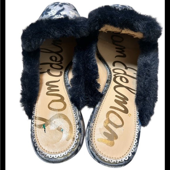 Sam Edelman Blue Floral Tapestry Mule With Faux Fur Trim Size 8 - Picture 3 of 7